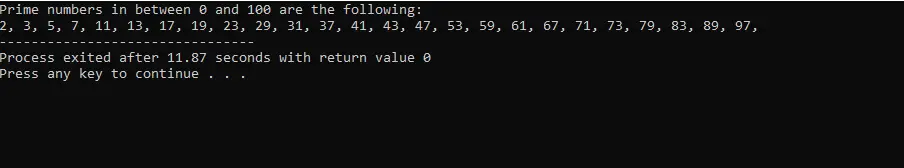 C++ Prime Numbers Output 2