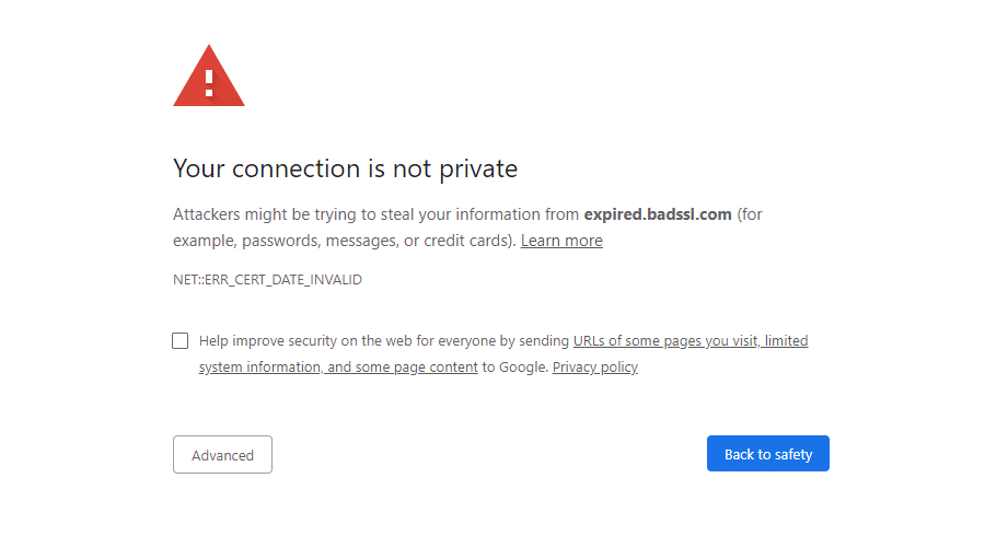 Chrome 中的 NET--ERR_CERT_DATE_INVALID 错误消息