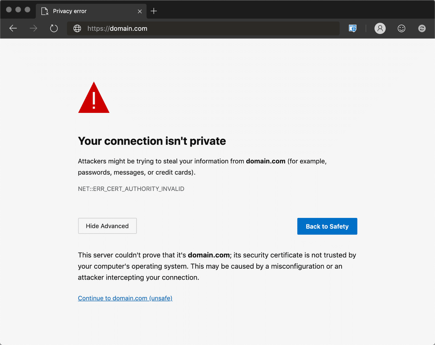 Microsoft Edge 中的NET::ERR_CERT_AUTHORITY_INVALID错误信息