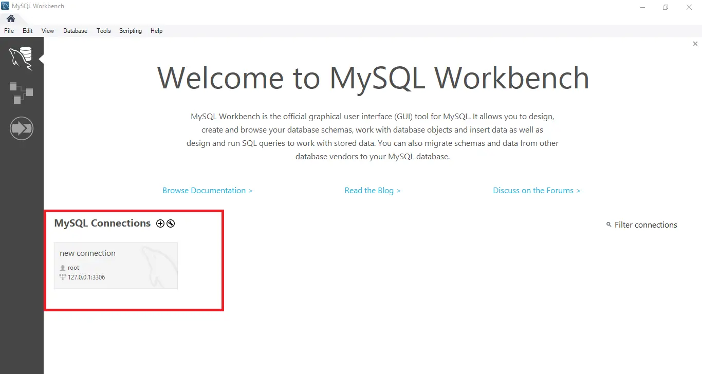 在 mysql 工作台中创建新数据库 - 启动 mysql 工作台
