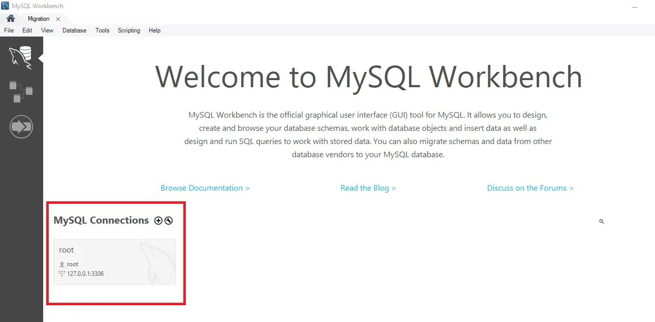 在 mysql 工作台中创建新数据库 - 连接