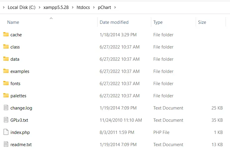 XAMPP 5.5.28 中的 pChart 文件夹结构