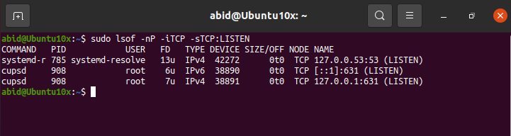lsof 命令用于显示所有 TCP 端口列表